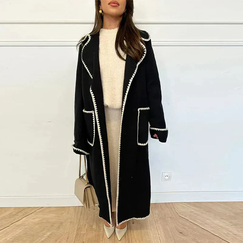 Abrigo Largo Con Costuras En Contraste Y Bolsillos Para Mujer | Ideal Para Otoño E Invierno