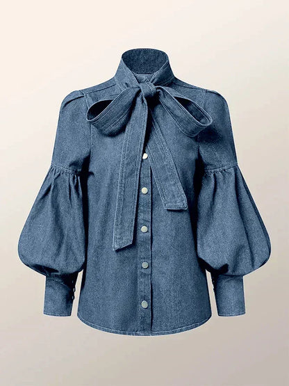 Blusa Con Efecto Denim Y Cuello Alto Para Mujer | Ideal Para Uso Diario Y Profesional