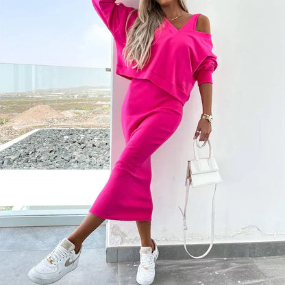 Conjunto de Dos Piezas con Top Oversize y Falda Midi Ajustada para Mujer | Ideal para Ciudad o Uso Informal