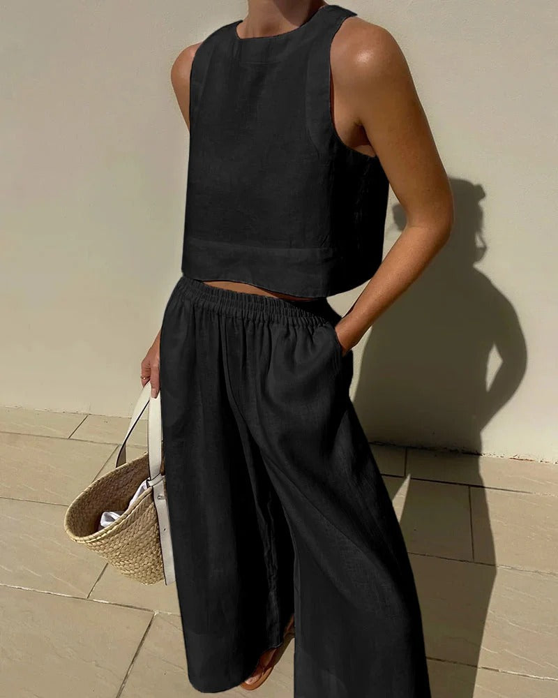 Conjunto Dos Piezas con Top Sin Mangas y Pantalón Amplio para Mujer | Ideal para Días de Verano