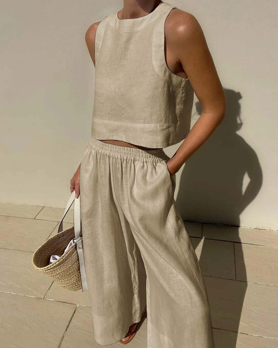 Conjunto Dos Piezas con Top Sin Mangas y Pantalón Amplio para Mujer | Ideal para Días de Verano