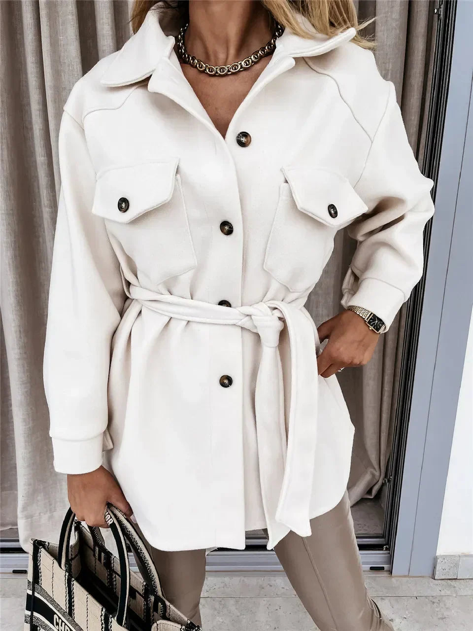 Chaqueta Con Cinturón Extraíble Y Cierre De Botones Para Mujer | Ideal Para Uso Diario Y Oficina