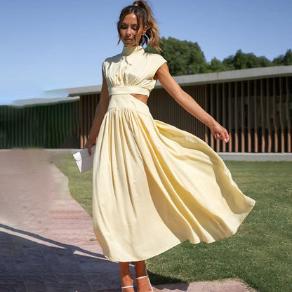 Vestido Midi con Estructura Plisada y Col Alto para Mujer | Ideal para Uso Diario u Ocasiones