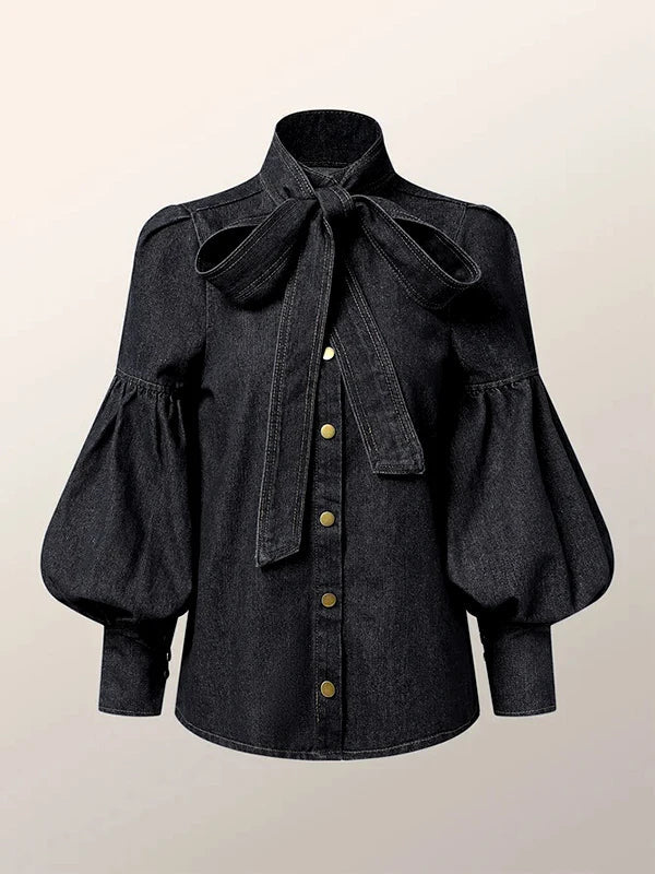 Blusa Con Efecto Denim Y Cuello Alto Para Mujer | Ideal Para Uso Diario Y Profesional