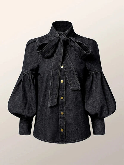 Blusa Con Efecto Denim Y Cuello Alto Para Mujer | Ideal Para Uso Diario Y Profesional