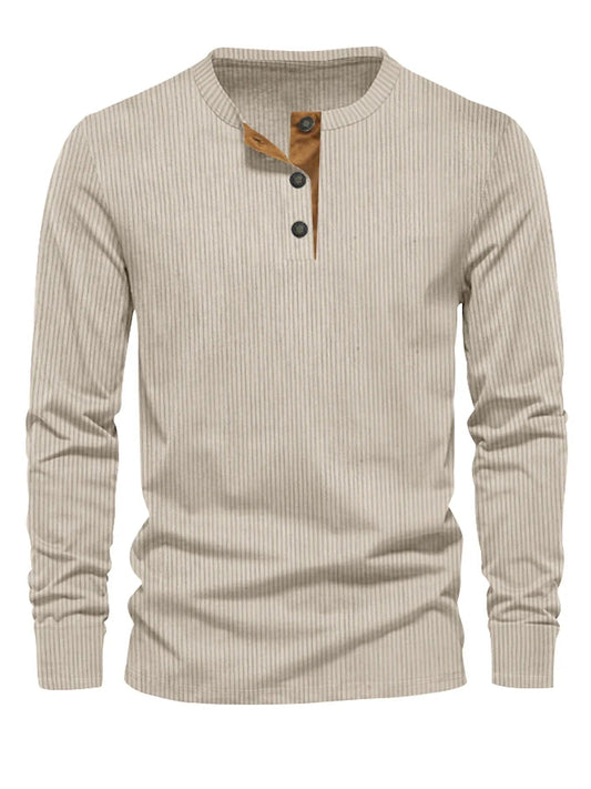 Camisa Con Cuello Henley De Tres Botones Y Rayas Verticales Para Hombre | Ideal Para Uso Diario