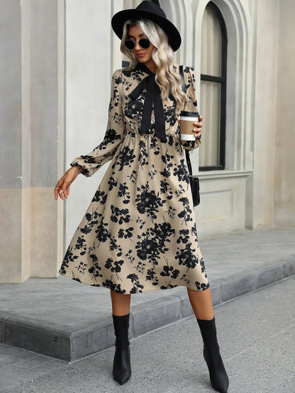 Vestido Midi Con Estampado Floral Y Cuello Con Lazo Para Mujer | Ideal Para Uso Diario Y Ocasiones Sociales