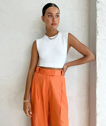 Pantalón De Cintura Alta Con Piernas Anchas Y Pliegues Para Mujer | Ideal Para Uso Diario