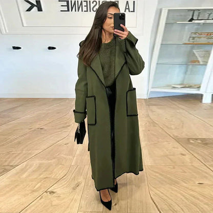 Abrigo Largo Con Costuras En Contraste Y Bolsillos Para Mujer | Ideal Para Otoño E Invierno