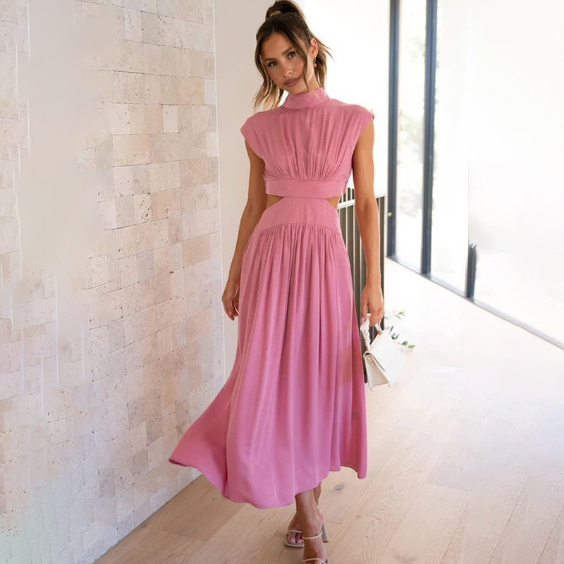 Vestido Midi con Estructura Plisada y Col Alto para Mujer | Ideal para Uso Diario u Ocasiones