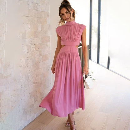 Vestido Midi con Estructura Plisada y Col Alto para Mujer | Ideal para Uso Diario u Ocasiones