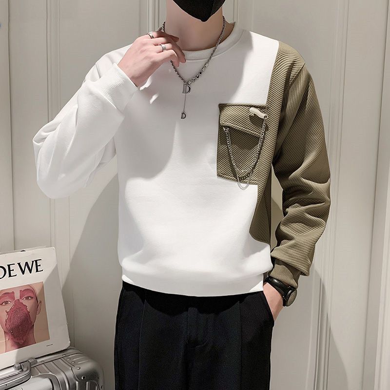 Jersey De Manga Larga Con Diseño Bicolor Y Detalle De Cadena En El Bolsillo Para Hombres | Ideal Para Uso Diario