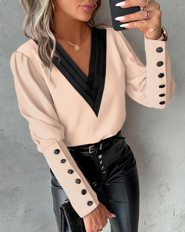 Blusa Con Cuello En V Contraste Y Botones En Las Mangas Para Mujer | Ideal Para Oficina Y Eventos Informales