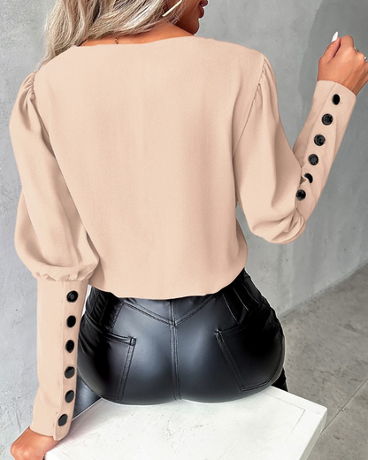 Blusa Con Cuello En V Contraste Y Botones En Las Mangas Para Mujer | Ideal Para Oficina Y Eventos Informales