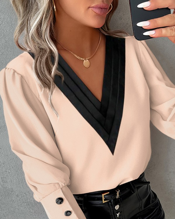 Blusa Con Cuello En V Contraste Y Botones En Las Mangas Para Mujer | Ideal Para Oficina Y Eventos Informales