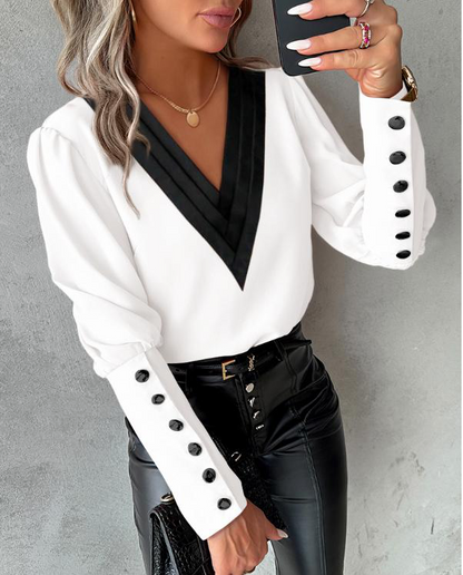 Blusa Con Cuello En V Contraste Y Botones En Las Mangas Para Mujer | Ideal Para Oficina Y Eventos Informales