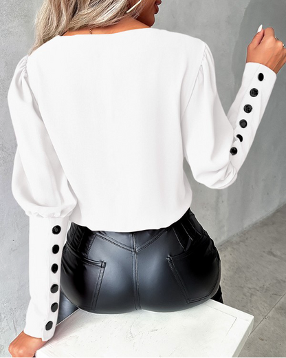 Blusa Con Cuello En V Contraste Y Botones En Las Mangas Para Mujer | Ideal Para Oficina Y Eventos Informales