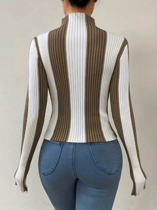 Jersey De Punto Con Cuello Alto A Rayas Para Mujer | Ideal Para Uso Diario