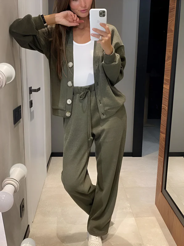 Conjunto De Dos Piezas con Cárdigan Abotonado y Pantalón para Mujer | Ideal para Uso Diario O Salidas Informales