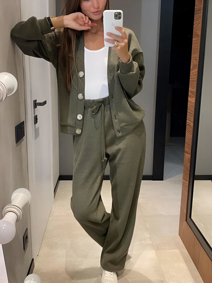Conjunto De Dos Piezas con Cárdigan Abotonado y Pantalón para Mujer | Ideal para Uso Diario O Salidas Informales