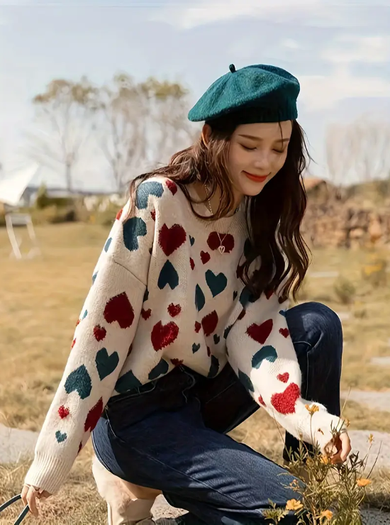 Pulóver con Estampado de Corazones y Mangas Largas para Mujer | Ideal para Uso Diario