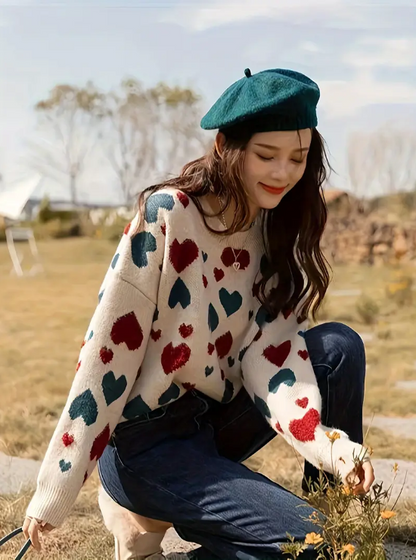 Pulóver con Estampado de Corazones y Mangas Largas para Mujer | Ideal para Uso Diario