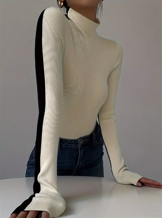 Jersey de Punto con Cuello Alto y Diseño a Bloques de Color para Mujer | Ideal para Uso Diario en Temporada Fría