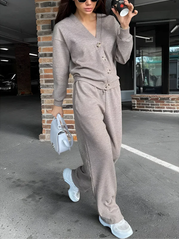Conjunto De Dos Piezas con Cárdigan Abotonado y Pantalón para Mujer | Ideal para Uso Diario O Salidas Informales