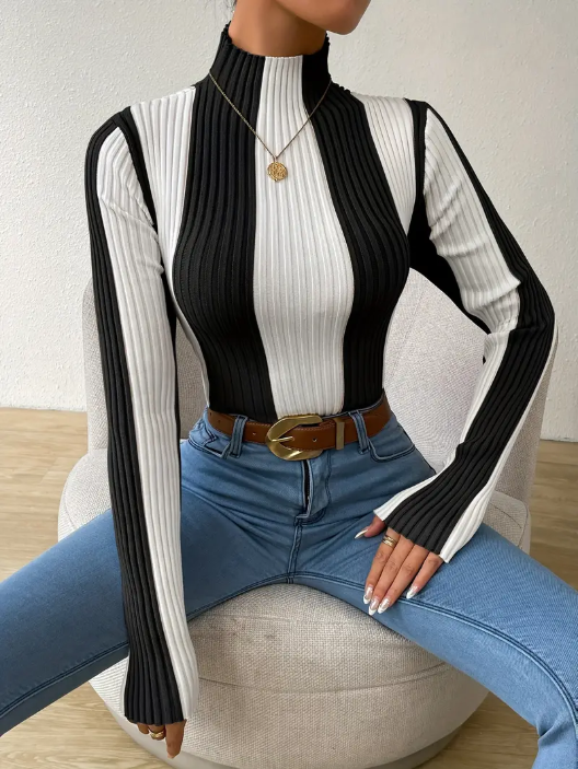 Jersey De Punto Con Cuello Alto A Rayas Para Mujer | Ideal Para Uso Diario