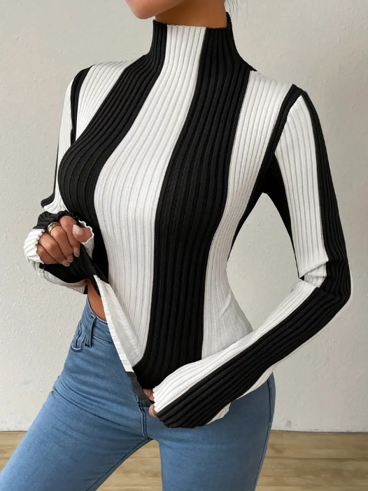 Jersey De Punto Con Cuello Alto A Rayas Para Mujer | Ideal Para Uso Diario