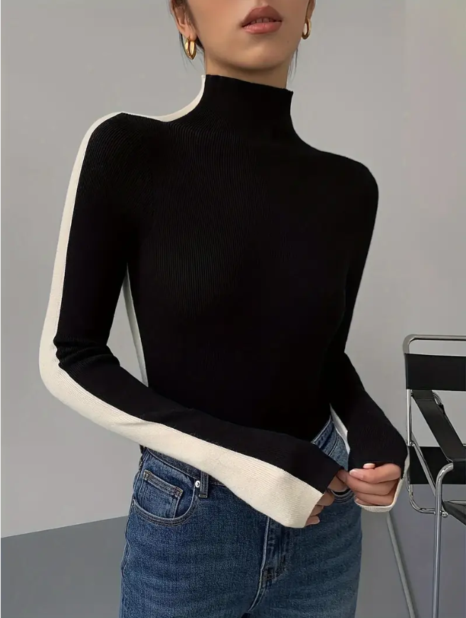 Jersey de Punto con Cuello Alto y Diseño a Bloques de Color para Mujer | Ideal para Uso Diario en Temporada Fría