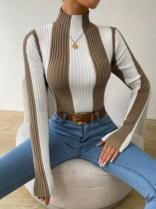 Jersey De Punto Con Cuello Alto A Rayas Para Mujer | Ideal Para Uso Diario