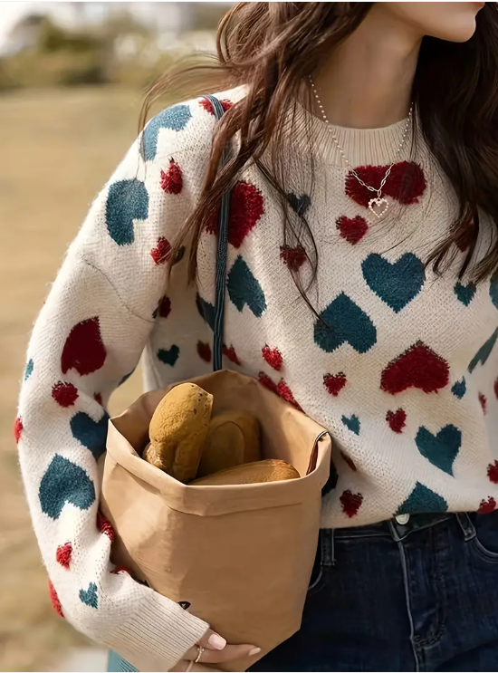 Pulóver con Estampado de Corazones y Mangas Largas para Mujer | Ideal para Uso Diario