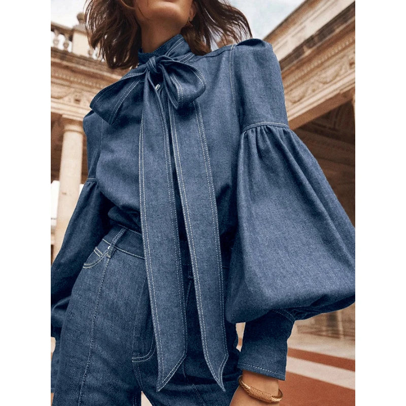 Blusa Con Efecto Denim Y Cuello Alto Para Mujer | Ideal Para Uso Diario Y Profesional
