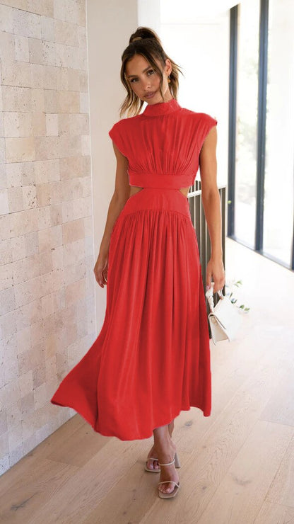 Vestido Midi con Estructura Plisada y Col Alto para Mujer | Ideal para Uso Diario u Ocasiones