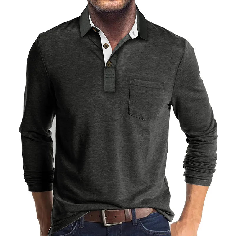 Camisa De Manga Larga Con Col Interior Contrastado Y Bolsillo En El Pecho Para Hombre | Ideal Para Uso Profesional E Informal