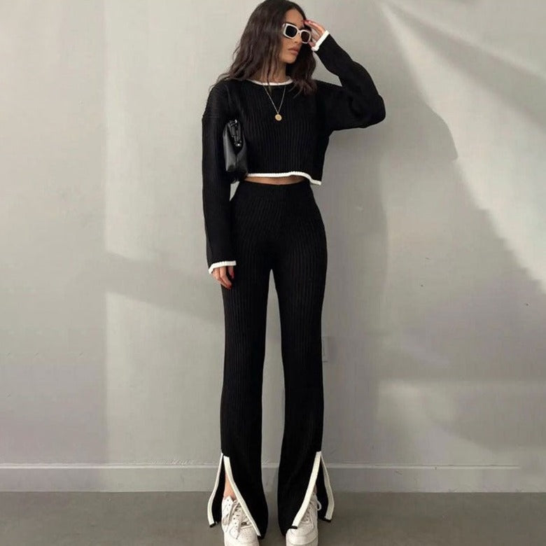 Conjunto de Top con Escote y Pantalón Largo con Paneles Laterales para Mujer | Ideal para Uso Diario
