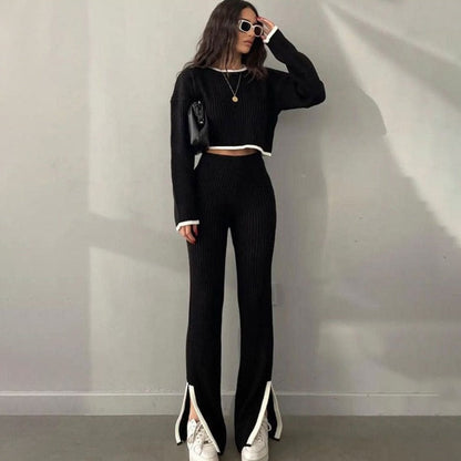 Conjunto de Top con Escote y Pantalón Largo con Paneles Laterales para Mujer | Ideal para Uso Diario