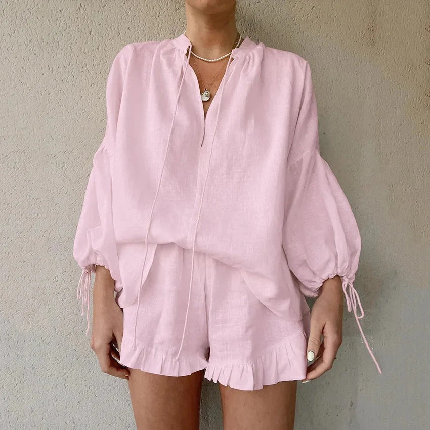 Conjunto Dos Piezas con Top Amplio y Short de Cintura Alta para Mujer | Ideal para Días de Verano