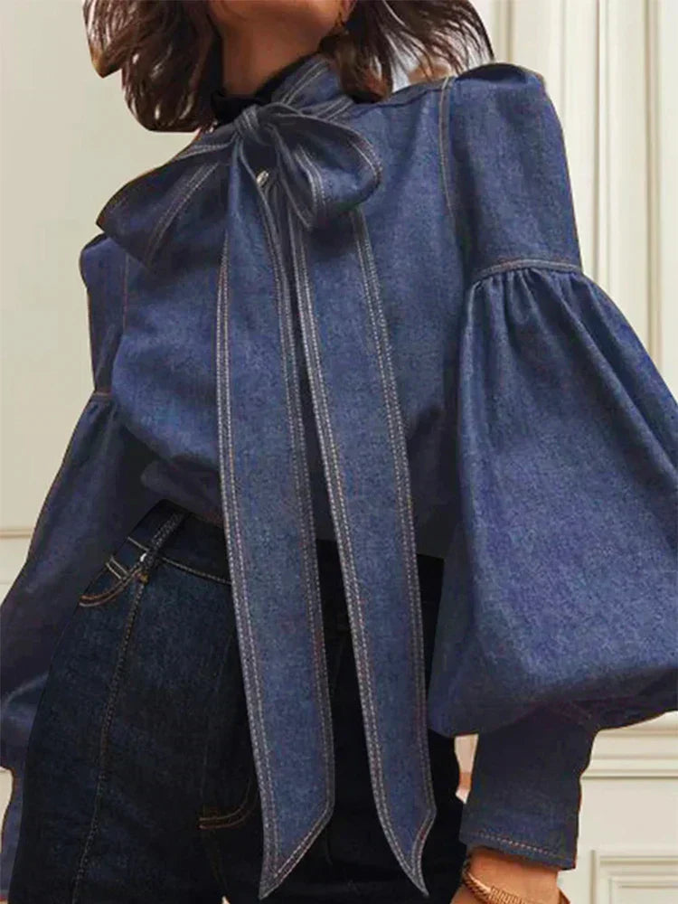 Blusa Con Efecto Denim Y Cuello Alto Para Mujer | Ideal Para Uso Diario Y Profesional