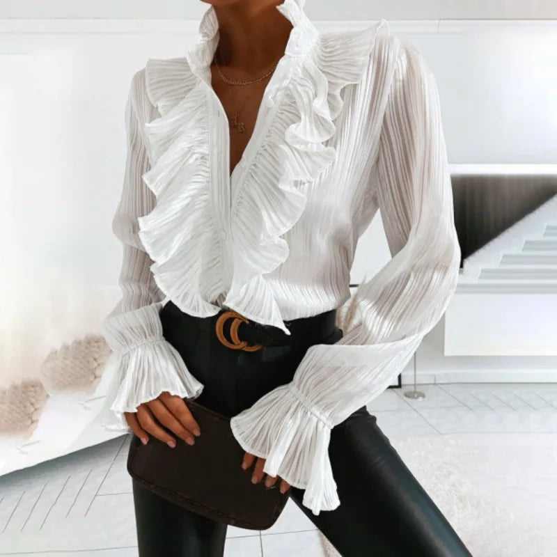 Blusa Con Volantes Y Cierre Abotonado Para Mujer | Ideal Para Uso Diario E Informal