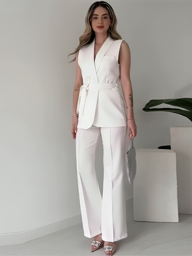 Conjunto De Dos Piezas Con Blazer Sin Mangas Y Pantalón De Talle Alto Para Mujer | Ideal Para Uso Profesional Y Diario