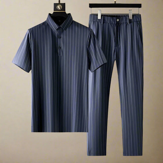Conjunto de Dos Piezas con Camisa de Rayas Verticales y Pantalón con Cintura Elástica para Hombre | Ideal para Uso Diario o Profesional