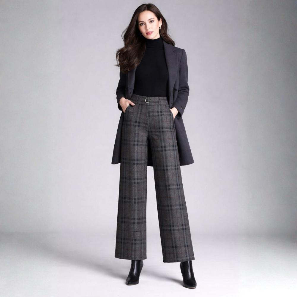 Pantalón De Cintura Alta Con Piernas Anchas Y Estampado A Cuadros Para Mujer | Ideal Para Uso Diario