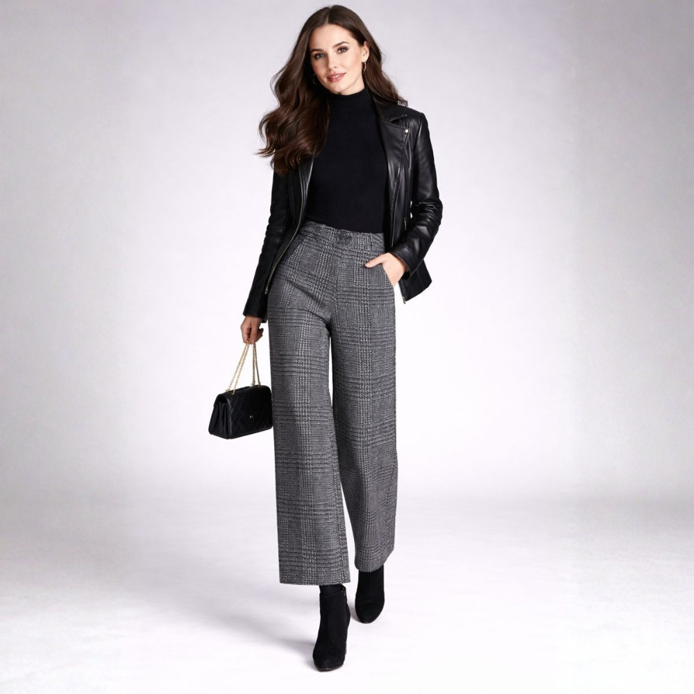 Pantalón De Cintura Alta Con Piernas Anchas Y Estampado A Cuadros Para Mujer | Ideal Para Uso Diario