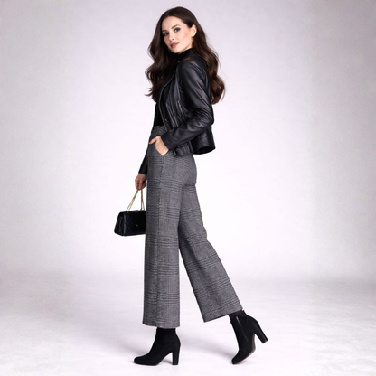 Pantalón De Cintura Alta Con Piernas Anchas Y Estampado A Cuadros Para Mujer | Ideal Para Uso Diario