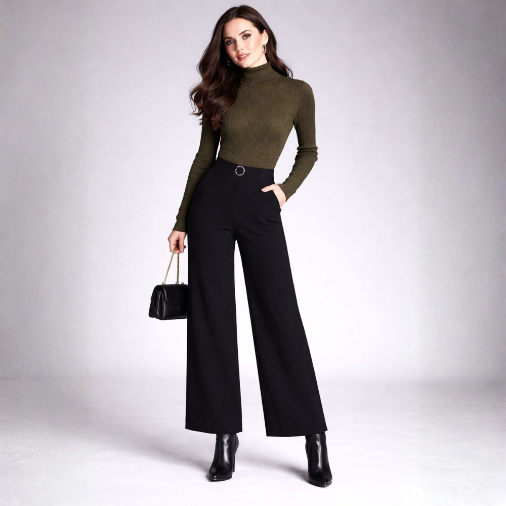 Pantalón de Talle Alto con Corte Ajustado y Pierna Ancha para Mujer | Ideal para Uso Diario y Trabajo