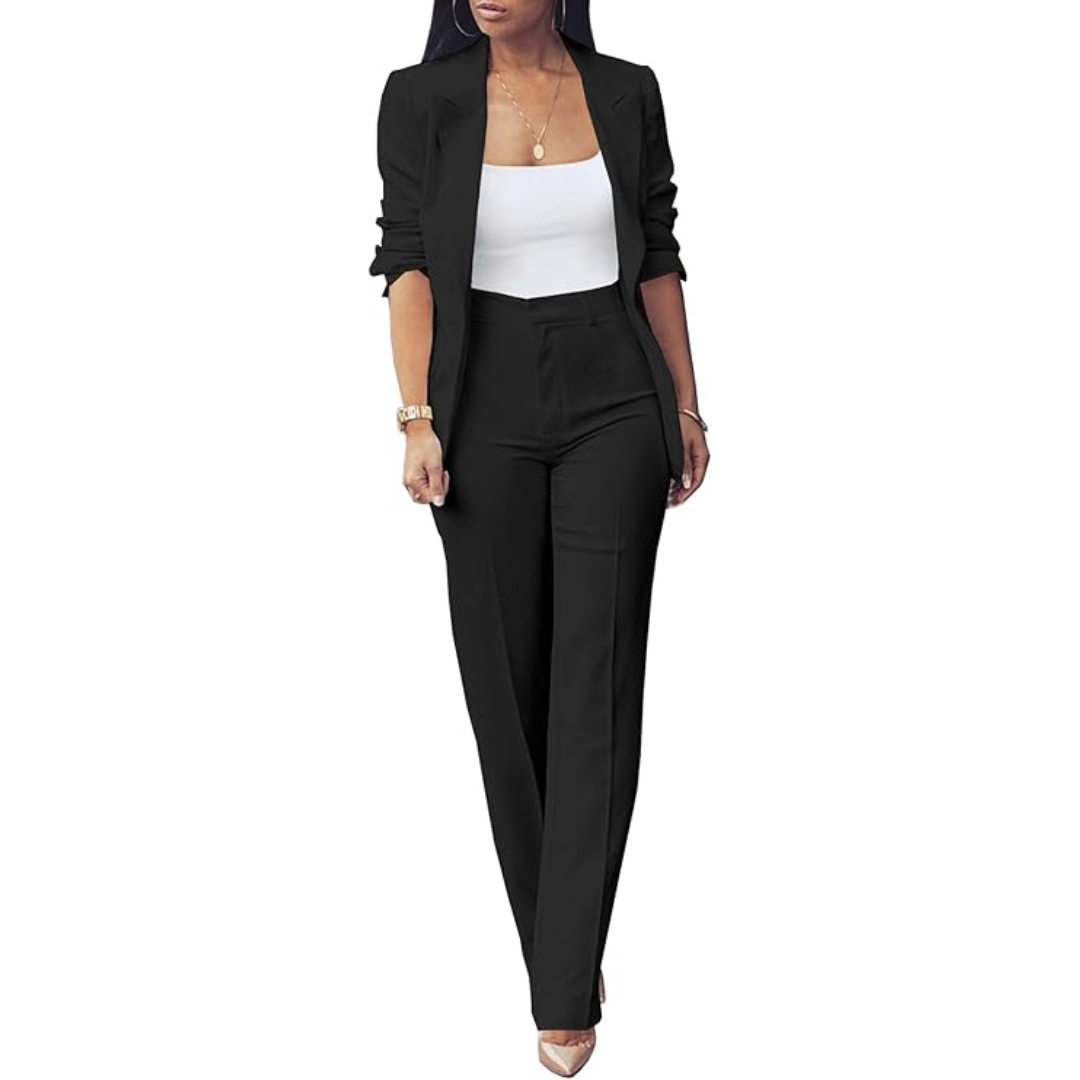 Conjunto De Chaqueta Abierta Ajustada Y Pantalón Slim Para Mujer | Ideal Para Oficina Y Uso Diario