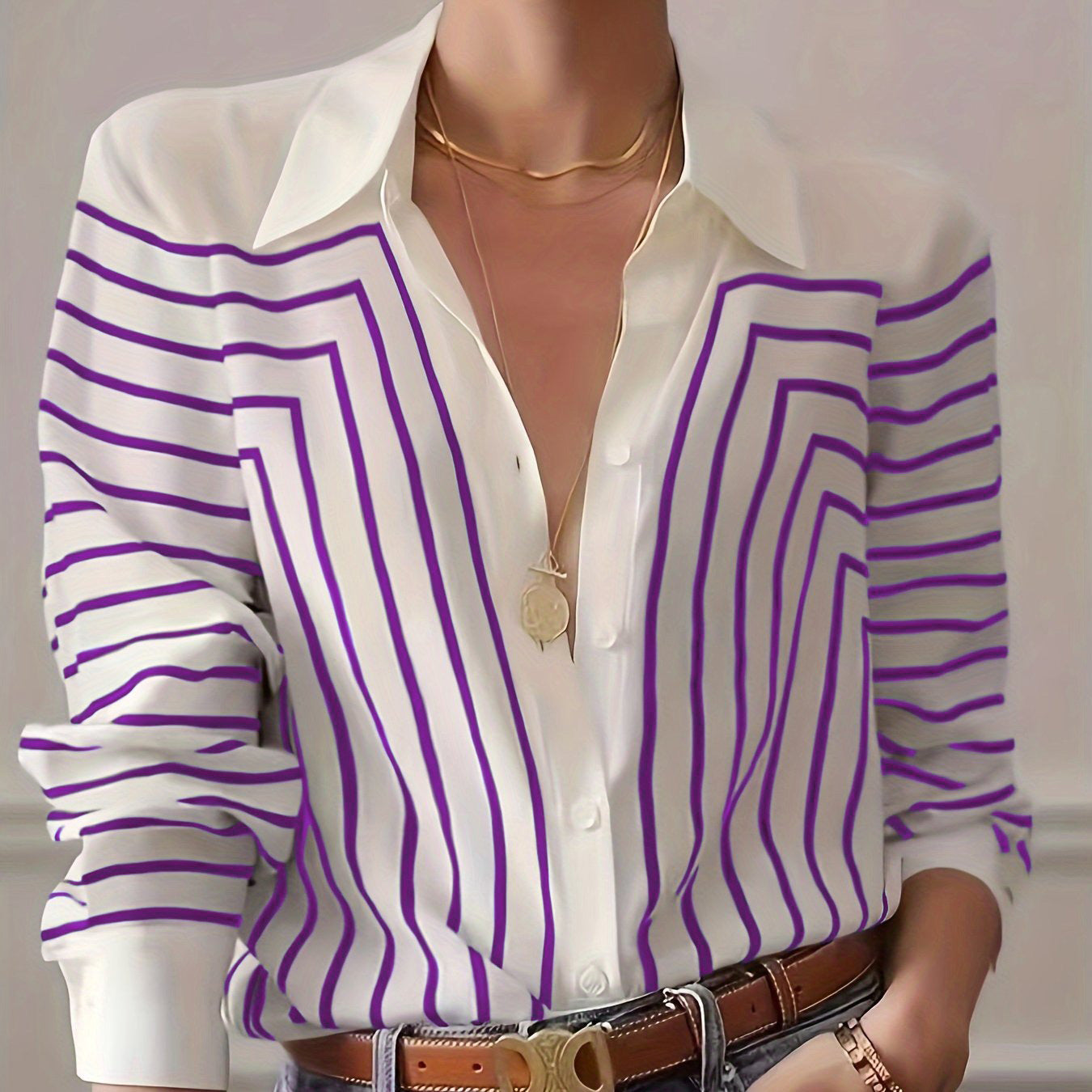 Blusa A Rayas Con Cierre Abotonado Para Mujer | Ideal Para Uso Diario Y Semi-Formal