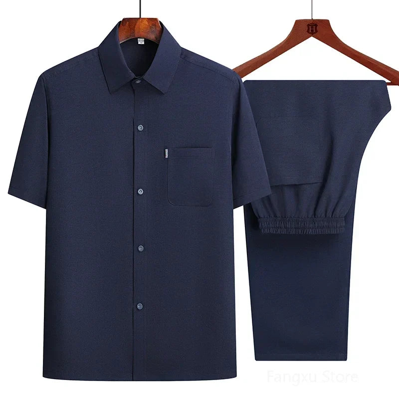 Conjunto de Dos Piezas con Camisa Abotonada y Pantalón con Cintura Elástica para Mujer | Ideal para Uso Diario